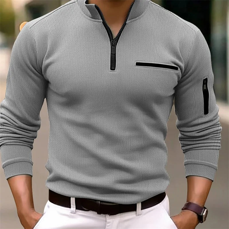 Quarter Zip Sweater Men's Ribbed Long Sleeve Stand Collar Pullover – Casual, Office
