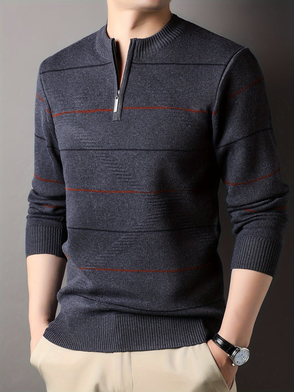 Quarter Zip Sweater Men's Striped Knit Long Sleeve Pullover – Casual, Office · Faylori