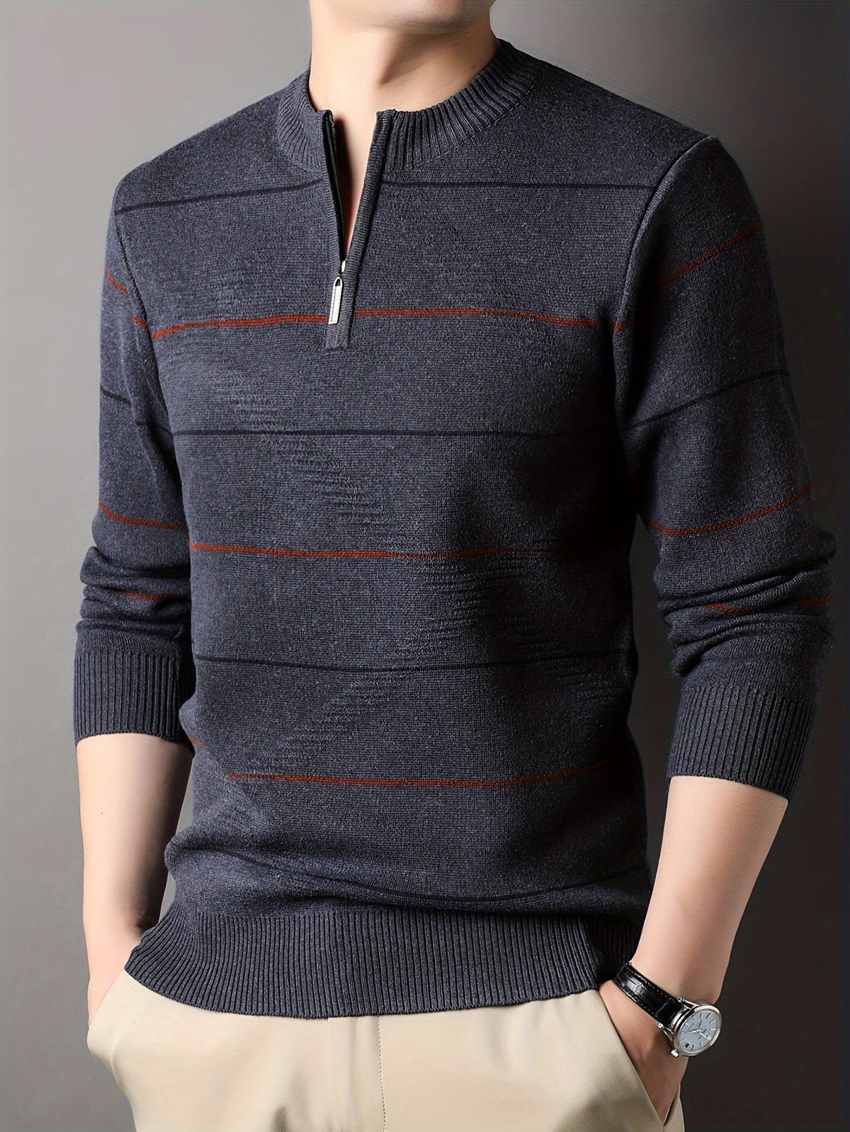 Quarter Zip Sweater Men's Striped Knit Long Sleeve Pullover – Casual, Office · Faylori