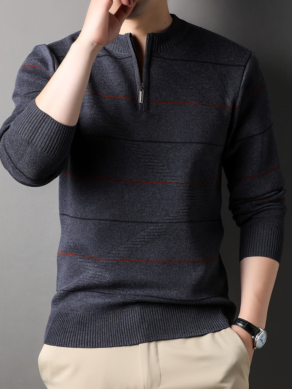 Quarter Zip Sweater Men's Striped Knit Long Sleeve Pullover – Casual, Office · Faylori