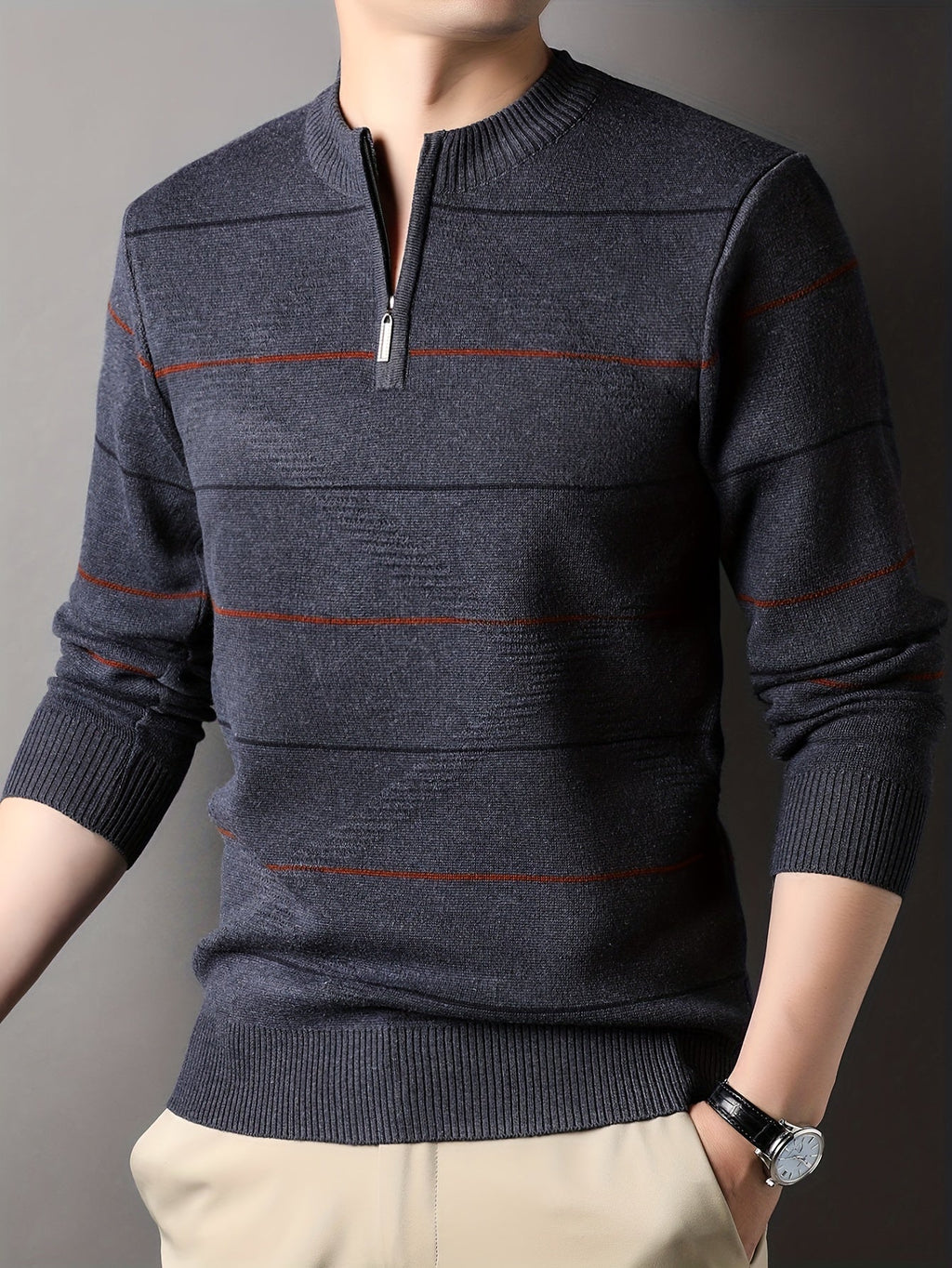 Quarter Zip Sweater Men's Striped Knit Long Sleeve Pullover – Casual, Office · Faylori