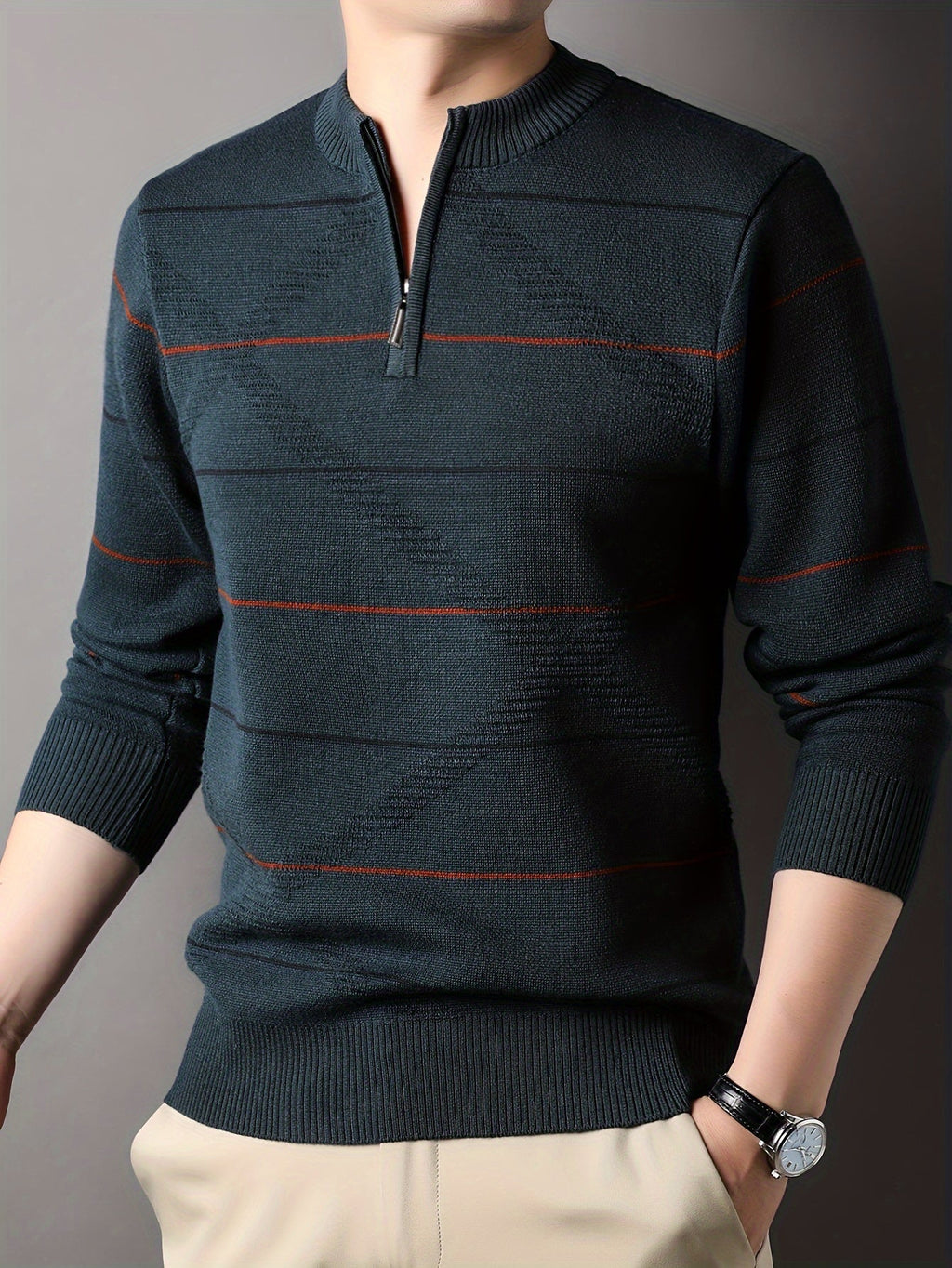 Quarter Zip Sweater Men's Striped Knit Long Sleeve Pullover – Casual, Office · Faylori