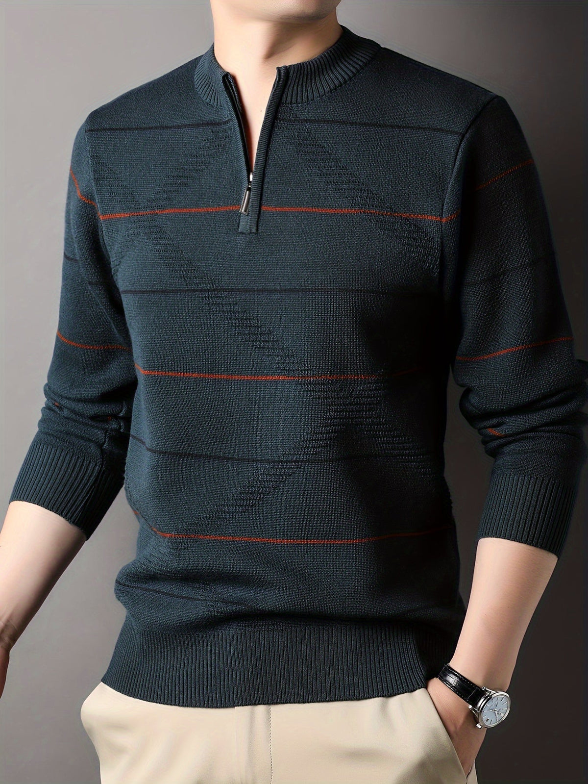 Quarter Zip Sweater Men's Striped Knit Long Sleeve Pullover – Casual, Office · Faylori