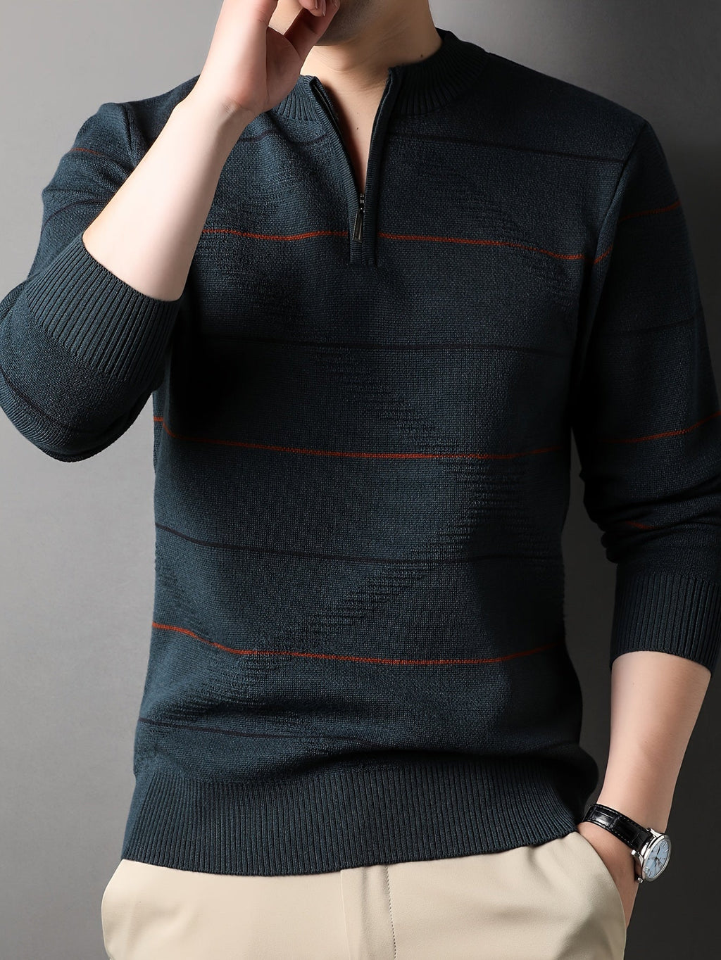 Quarter Zip Sweater Men's Striped Knit Long Sleeve Pullover – Casual, Office · Faylori