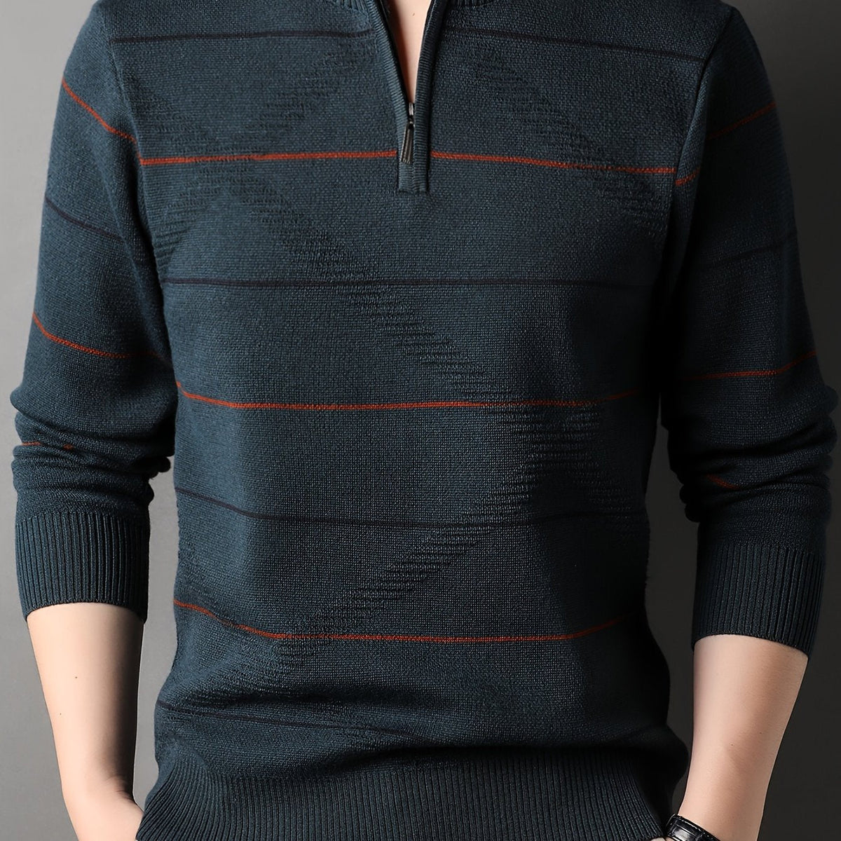 Quarter Zip Sweater Men's Striped Knit Long Sleeve Pullover – Casual, Office · Faylori