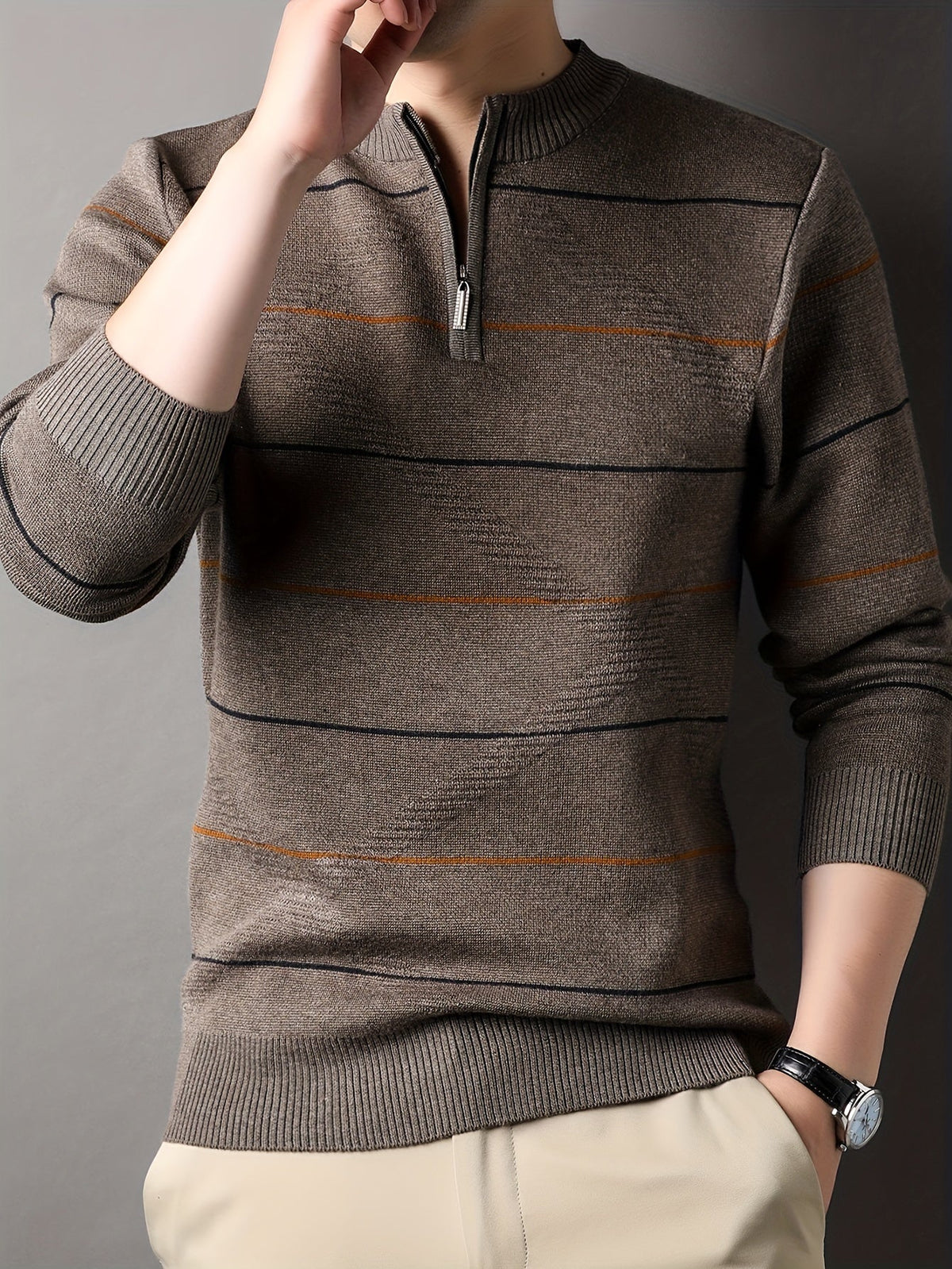 Quarter Zip Sweater Men's Striped Knit Long Sleeve Pullover – Casual, Office · Faylori