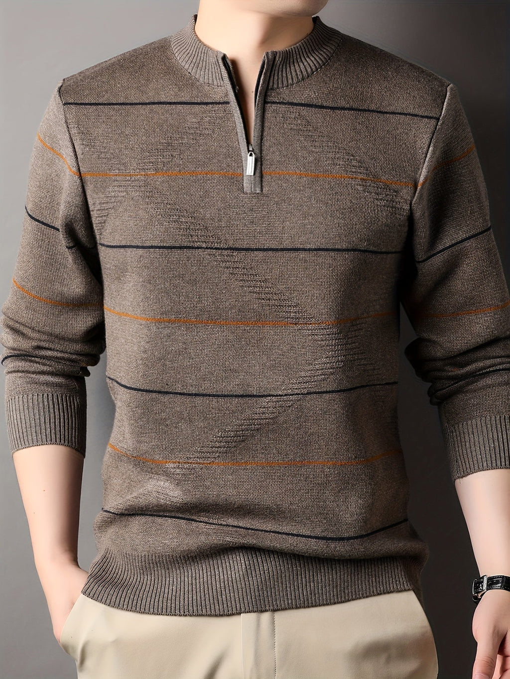 Quarter Zip Sweater Men's Striped Knit Long Sleeve Pullover – Casual, Office · Faylori