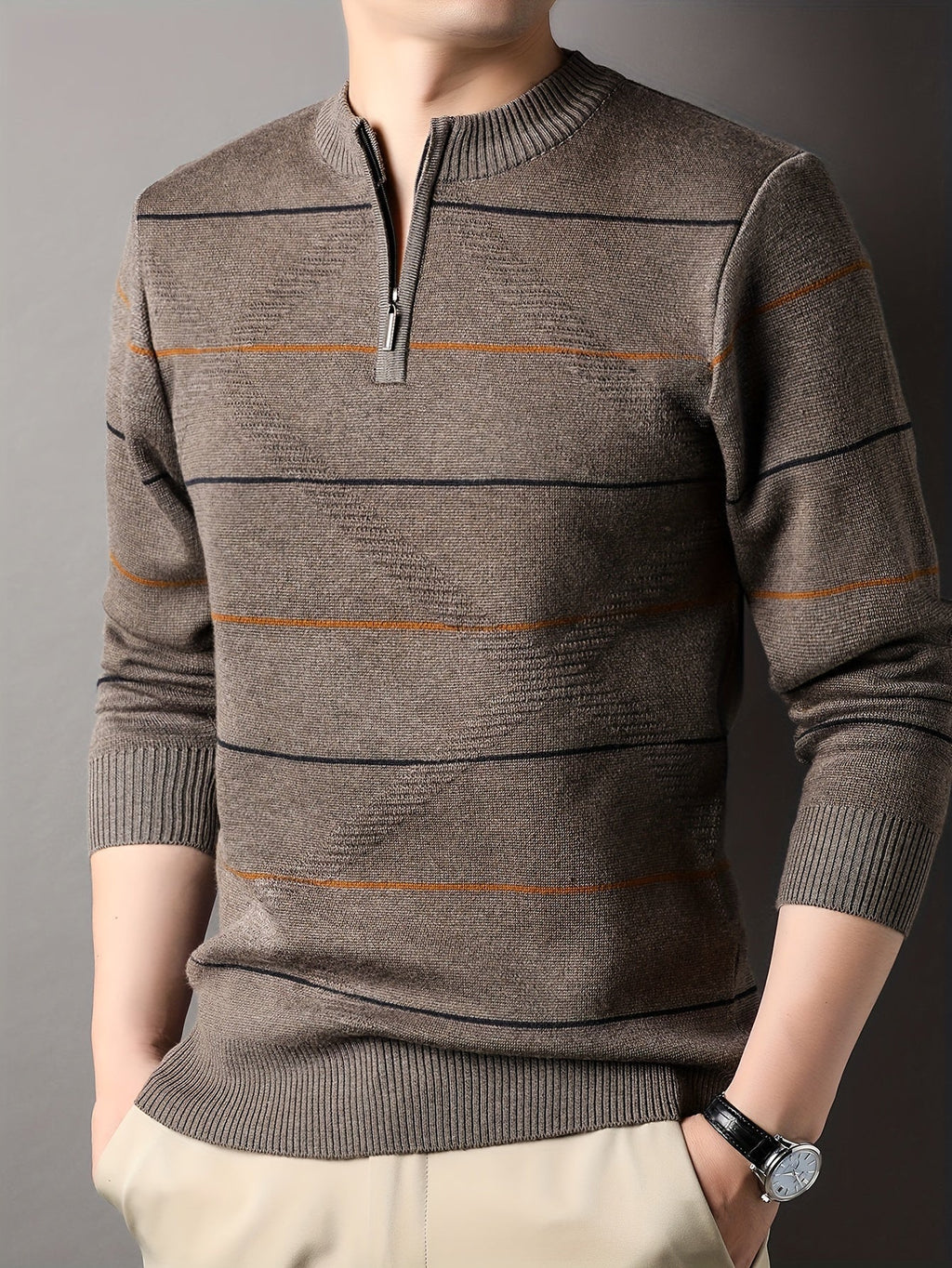 Quarter Zip Sweater Men's Striped Knit Long Sleeve Pullover – Casual, Office · Faylori