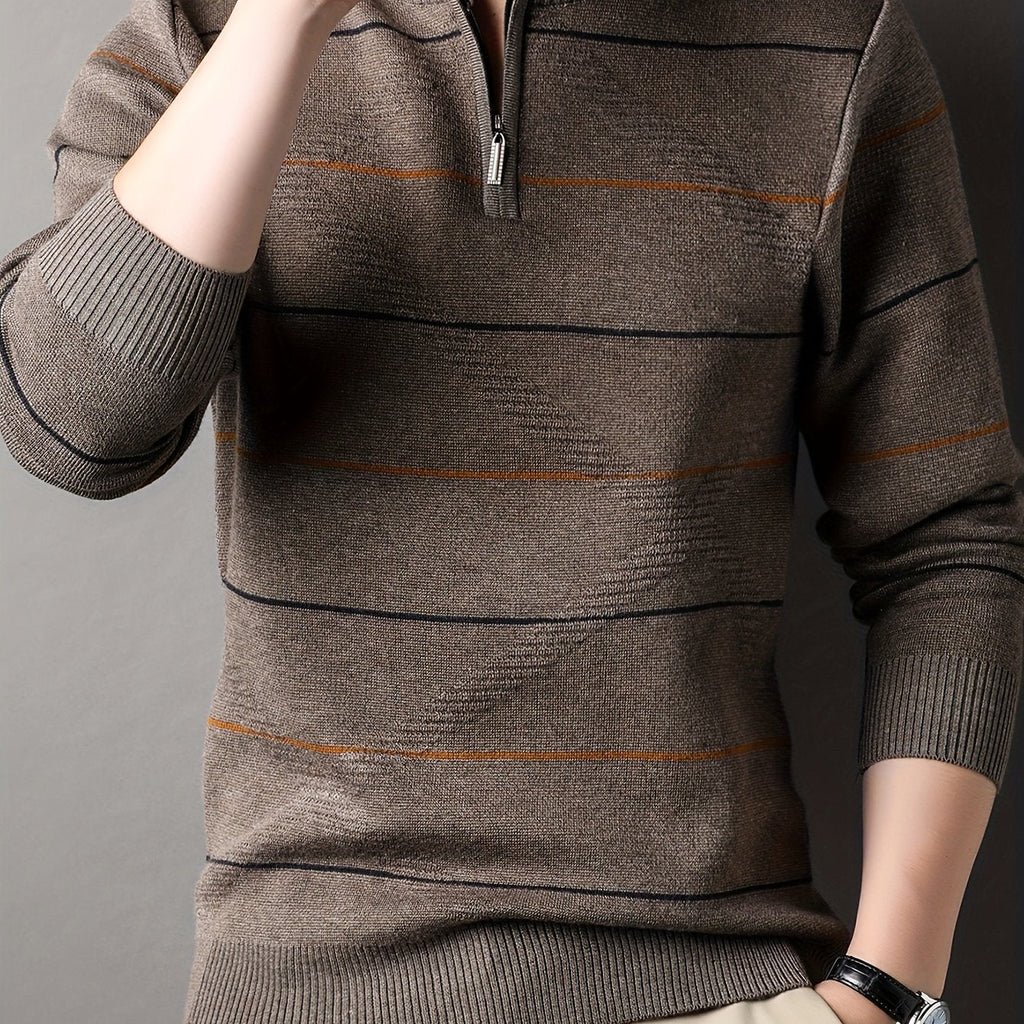 Quarter Zip Sweater Men's Striped Knit Long Sleeve Pullover – Casual, Office · Faylori