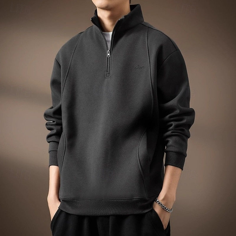 Quarter-Zip Sweatshirt Men's Black Stand Collar Pullover – Casual, Office, Everyday, Gift