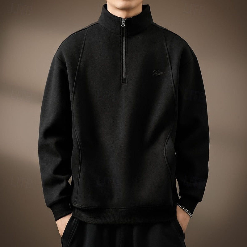 Quarter-Zip Sweatshirt Men's Black Stand Collar Pullover – Casual, Office, Everyday, Gift