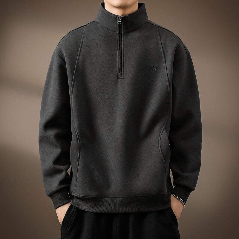 Quarter-Zip Sweatshirt Men's Black Stand Collar Pullover – Casual, Office, Everyday, Gift