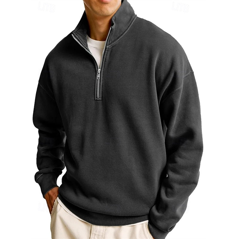 Quarter-Zip Sweatshirt Men's Stand Collar Pullover Navy Blue – Casual, Office, Gift