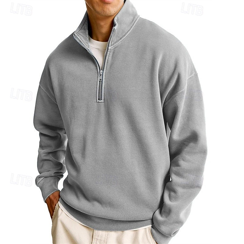 Quarter-Zip Sweatshirt Men's Stand Collar Pullover Navy Blue – Casual, Office, Gift