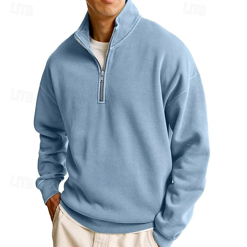 Quarter-Zip Sweatshirt Men's Stand Collar Pullover Navy Blue – Casual, Office, Gift