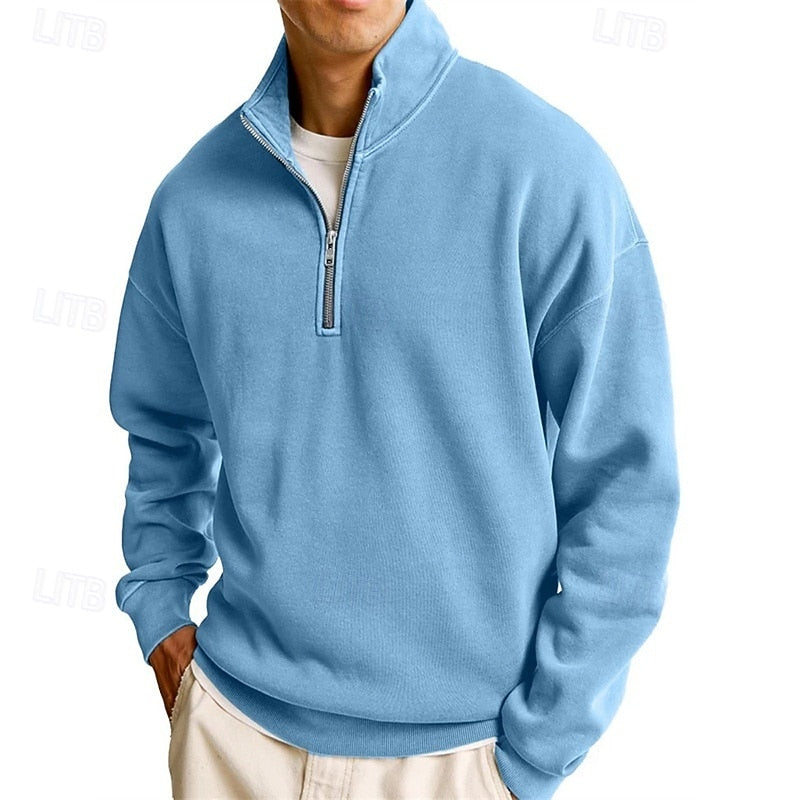 Quarter-Zip Sweatshirt Men's Stand Collar Pullover Navy Blue – Casual, Office, Gift