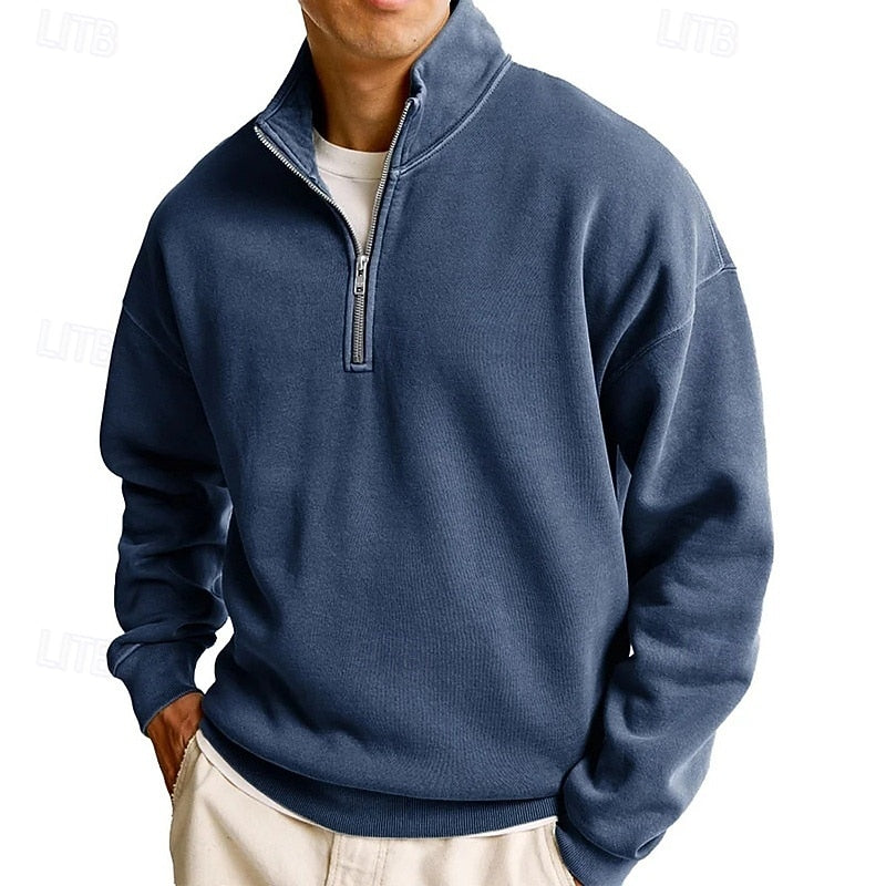 Quarter-Zip Sweatshirt Men's Stand Collar Pullover Navy Blue – Casual, Office, Gift