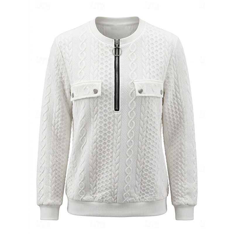 Quarter-Zip Sweatshirt Women's Cable-Textured White Pullover Top – Casual, Office