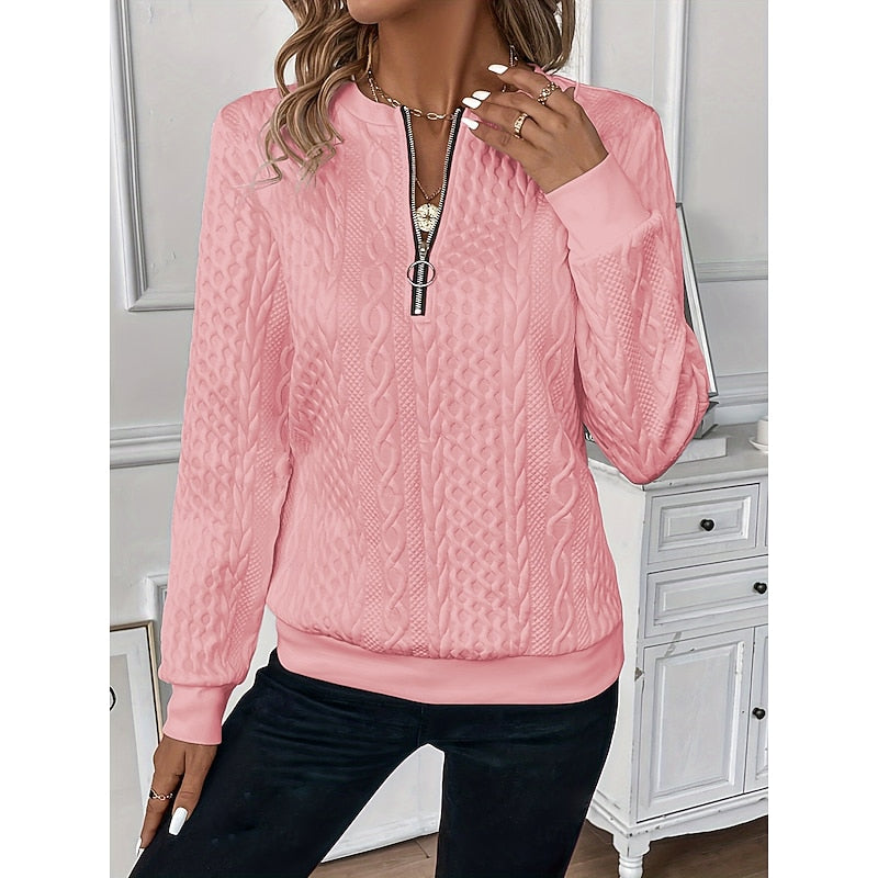 Quarter-Zip Sweatshirt Women's Cable-Textured White Pullover Top – Casual, Office