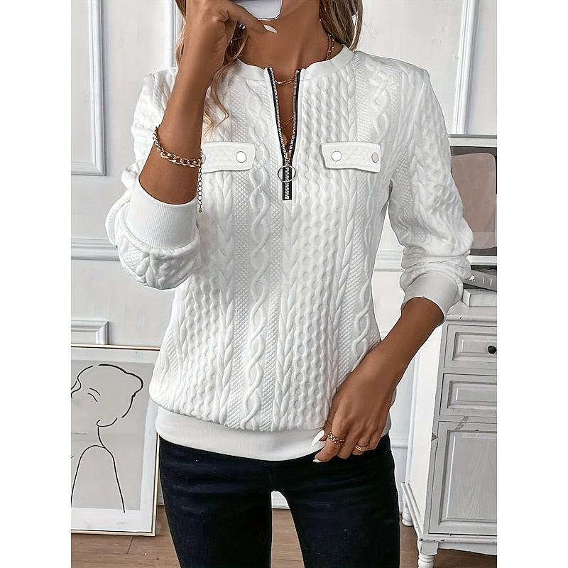 Quarter-Zip Sweatshirt Women's Cable-Textured White Pullover Top – Casual, Office
