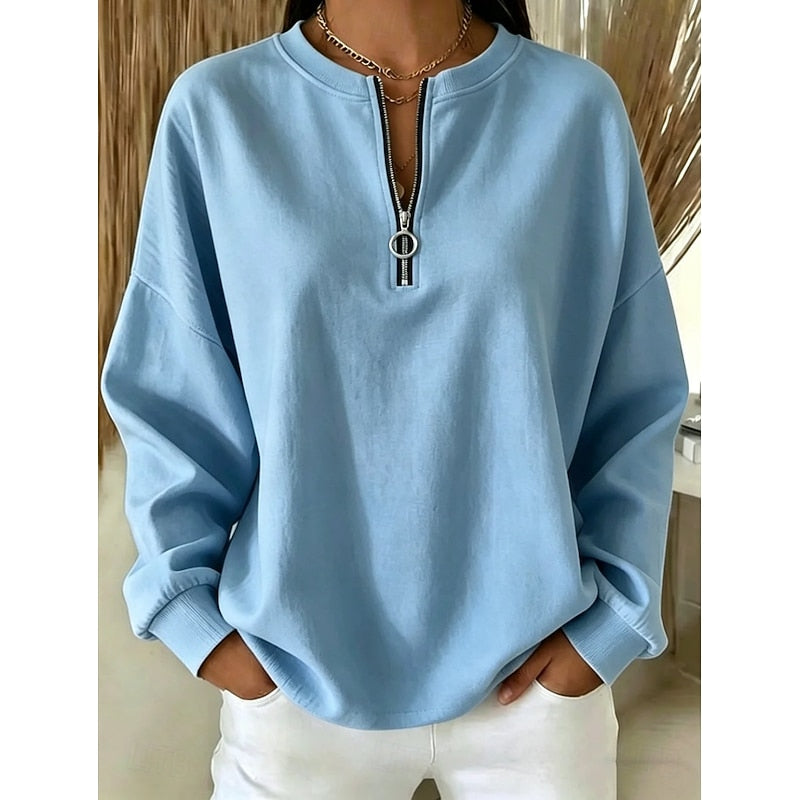 Quarter-Zip Sweatshirt Women's High-Neck Pullover White Long Sleeve – Casual, Office