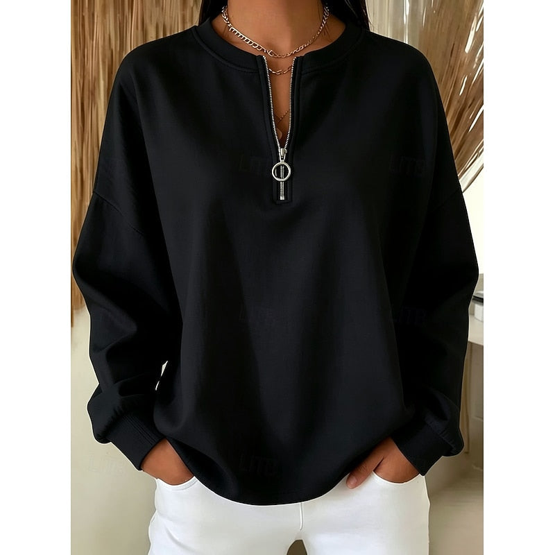 Quarter-Zip Sweatshirt Women's High-Neck Pullover White Long Sleeve – Casual, Office