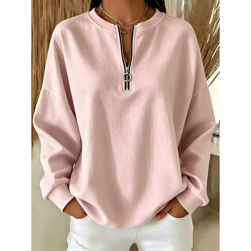 Quarter-Zip Sweatshirt Women's High-Neck Pullover White Long Sleeve – Casual, Office