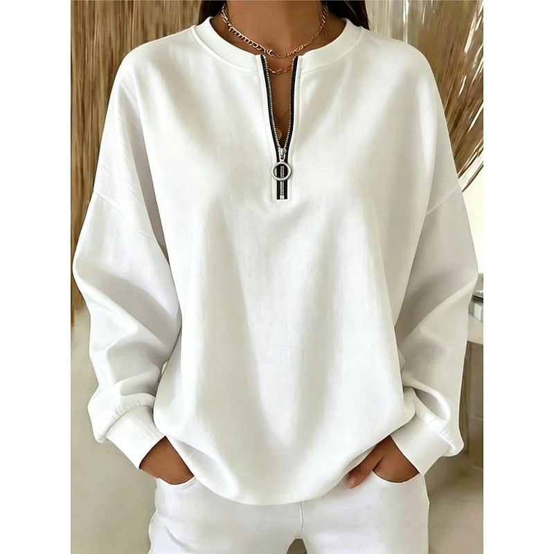 Quarter-Zip Sweatshirt Women's High-Neck Pullover White Long Sleeve – Casual, Office
