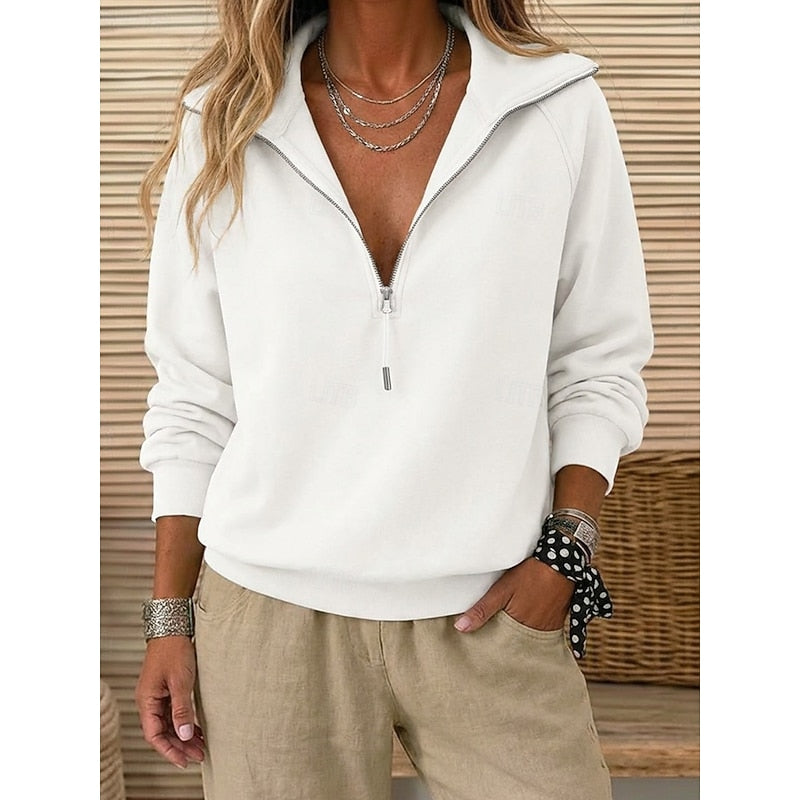 Quarter-Zip Sweatshirt Women's Lapel Collar Long Sleeve Pullover Navy – Casual, Office, Everyday, Gift