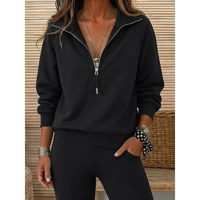 Quarter-Zip Sweatshirt Women's Lapel Collar Long Sleeve Pullover Navy – Casual, Office, Everyday, Gift