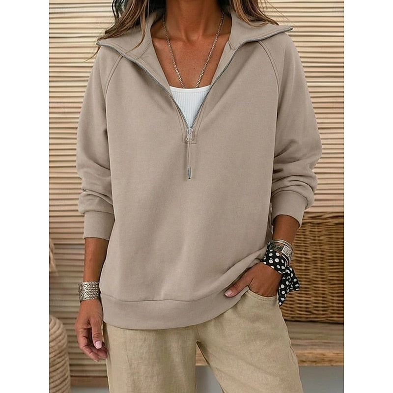 Quarter-Zip Sweatshirt Women's Lapel Collar Long Sleeve Pullover Navy – Casual, Office, Everyday, Gift