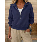 Quarter-Zip Sweatshirt Women's Lapel Collar Long Sleeve Pullover Navy – Casual, Office, Everyday, Gift
