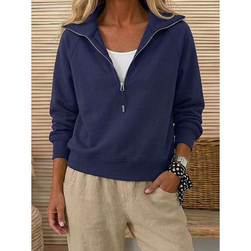 Quarter-Zip Sweatshirt Women's Lapel Collar Long Sleeve Pullover Navy – Casual, Office, Everyday, Gift