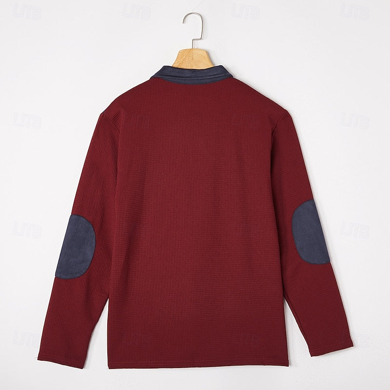 Quarter-Zip Waffle Knit Pullover Men's Long Sleeve Sweater with Chest Pocket – Casual, Office