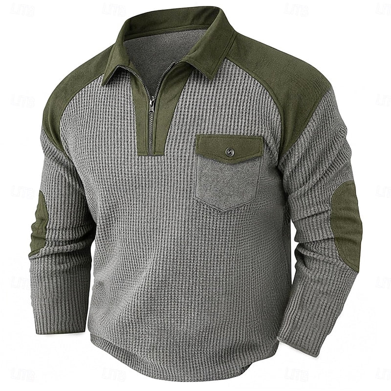 Quarter-Zip Waffle Knit Pullover Men's Long Sleeve Sweater with Chest Pocket – Casual, Office