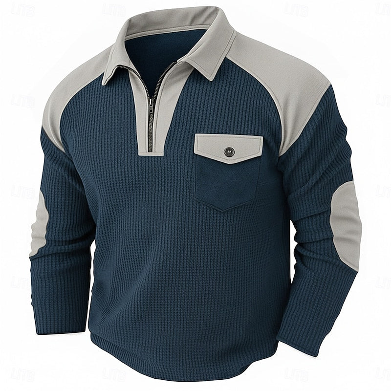 Quarter-Zip Waffle Knit Pullover Men's Long Sleeve Sweater with Chest Pocket – Casual, Office