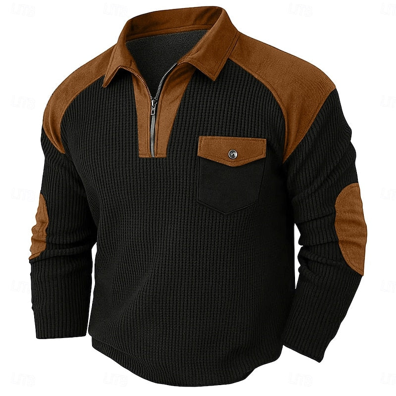 Quarter-Zip Waffle Knit Pullover Men's Long Sleeve Sweater with Chest Pocket – Casual, Office