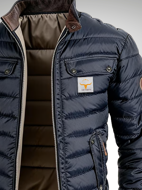 Quilted Bomber Jacket Men's Navy Stand Collar Zip-Up – Casual, Winter Outerwear Gift