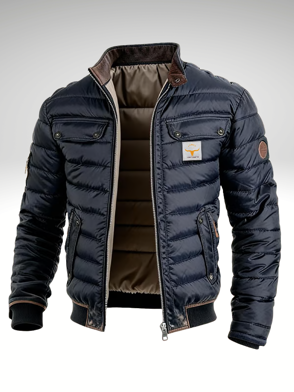 Quilted Bomber Jacket Men's Navy Stand Collar Zip-Up – Casual, Winter Outerwear Gift