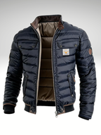 Quilted Bomber Jacket Men's Navy Stand Collar Zip-Up – Casual, Winter Outerwear Gift