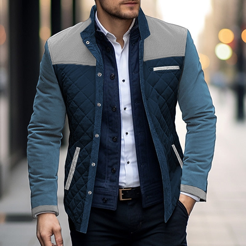 Quilted Jacket Men's Color Block Stand Collar Button-Up – Casual, Office · Faylori