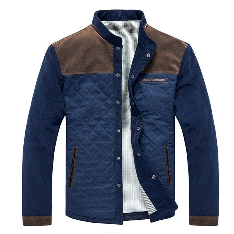 Quilted Jacket Men's Color Block Stand Collar Button-Up – Casual, Office · Faylori