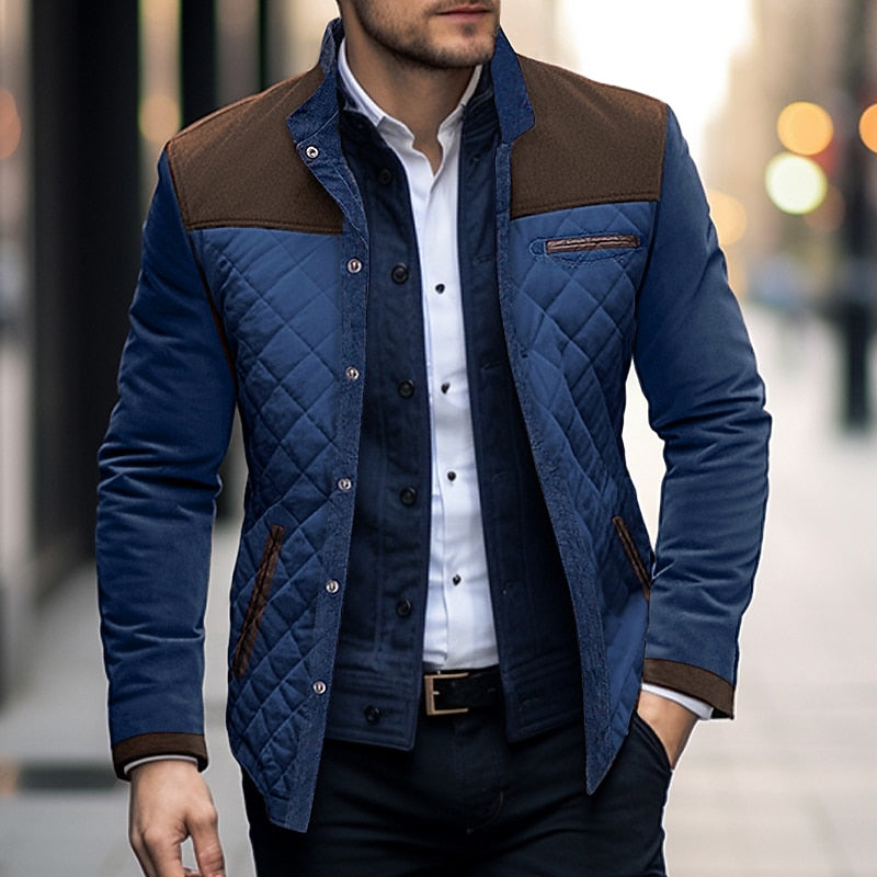 Quilted Jacket Men's Color Block Stand Collar Button-Up – Casual, Office · Faylori