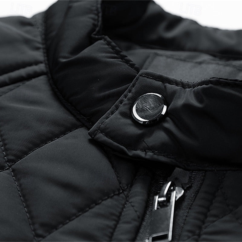 Quilted Jacket Men's Stand Collar Black Full Zip – Casual, Office, Holiday, Gift