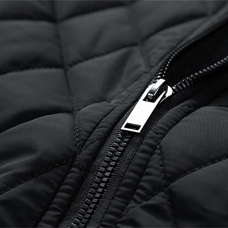 Quilted Jacket Men's Stand Collar Black Full Zip – Casual, Office, Holiday, Gift