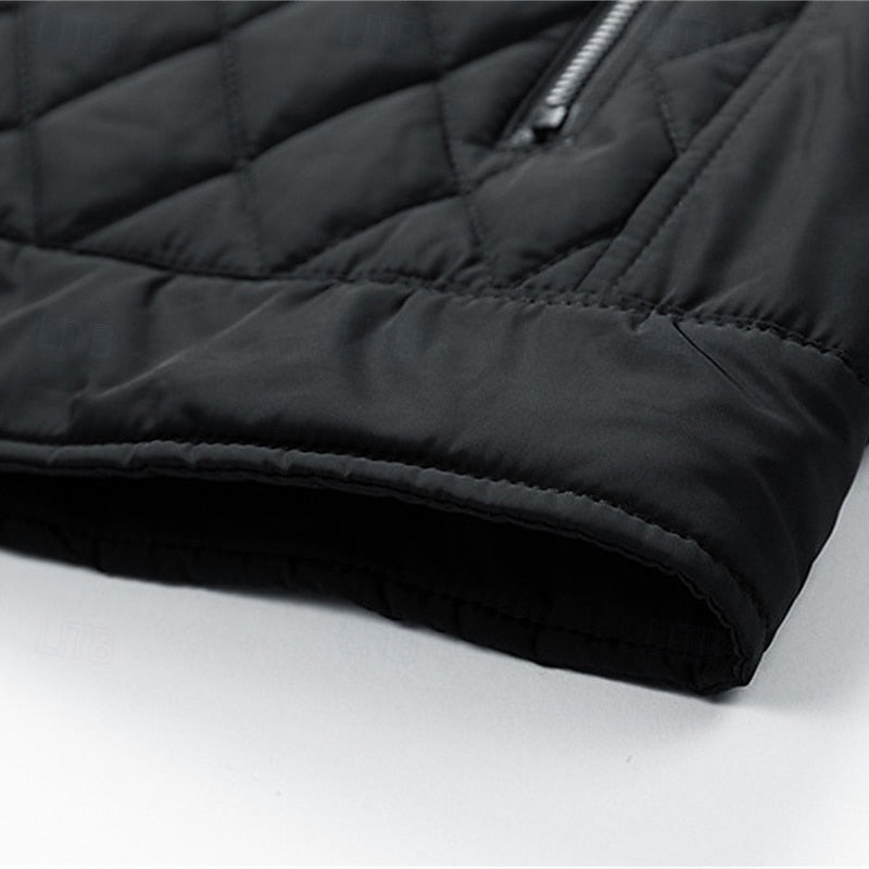 Quilted Jacket Men's Stand Collar Black Full Zip – Casual, Office, Holiday, Gift