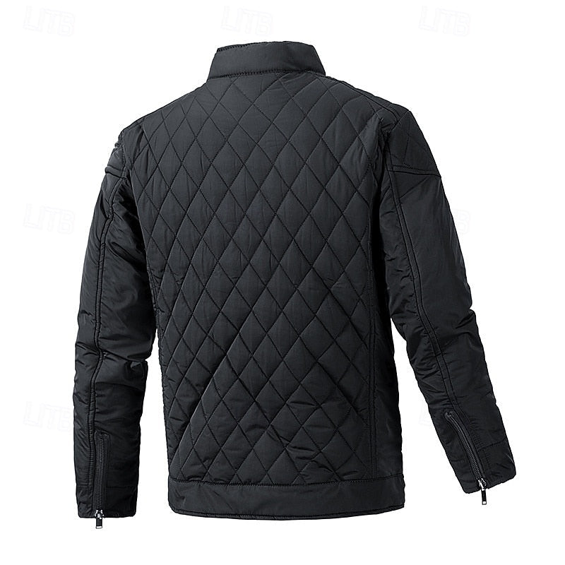 Quilted Jacket Men's Stand Collar Black Full Zip – Casual, Office, Holiday, Gift