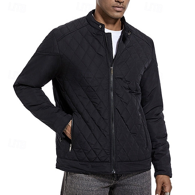 Quilted Jacket Men's Stand Collar Black Full Zip – Casual, Office, Holiday, Gift