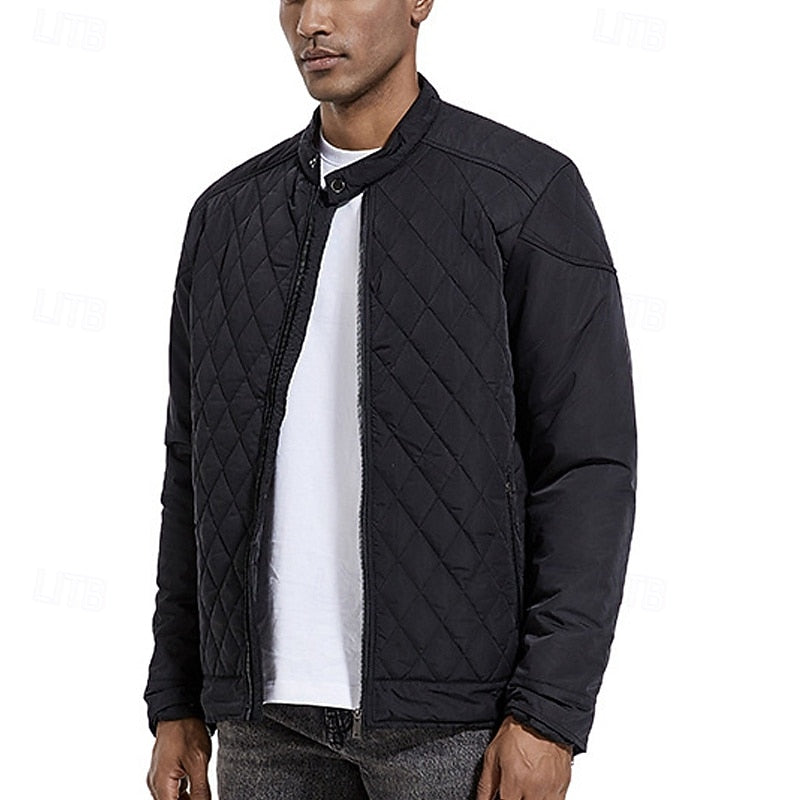 Quilted Jacket Men's Stand Collar Black Full Zip – Casual, Office, Holiday, Gift