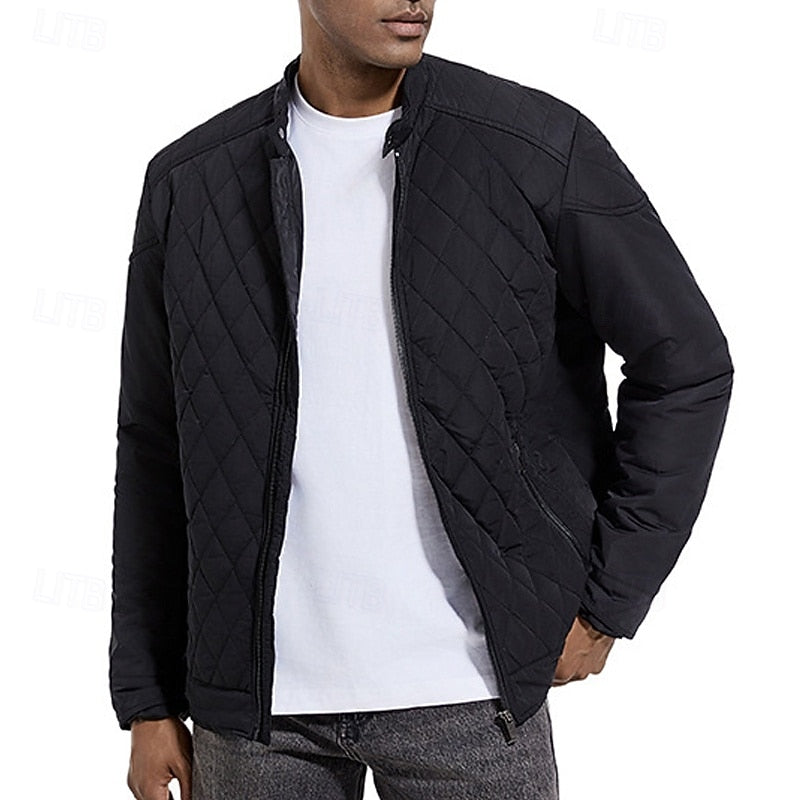 Quilted Jacket Men's Stand Collar Black Full Zip – Casual, Office, Holiday, Gift